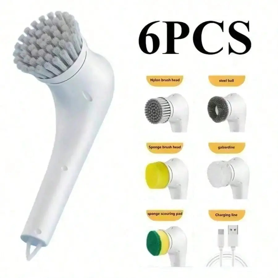 Electric cleaning brush set, 6-piece with interchangeable heads, white handheld by Simples Market