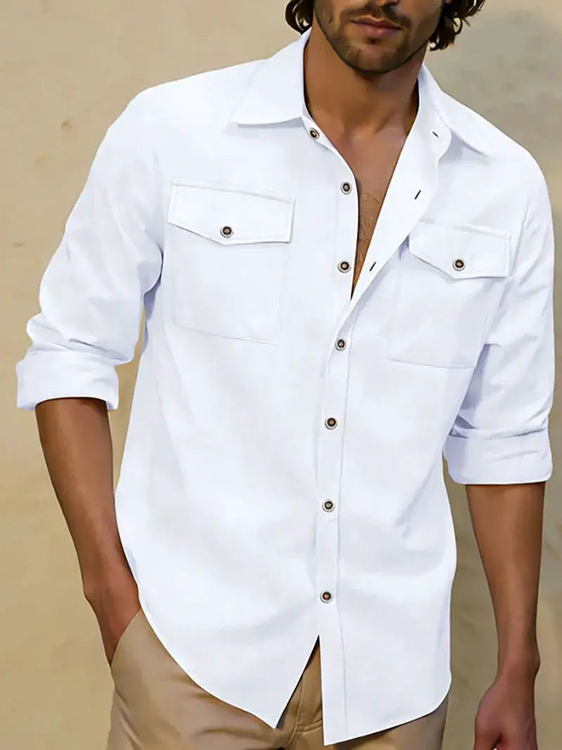 Simples Market men's white linen long-sleeve shirt with double chest pockets and brown buttons.