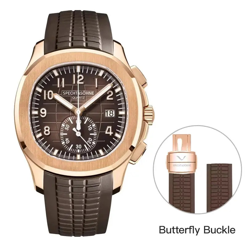 Specht & Söhne men's watch with rose gold case, brown dial and rubber strap, chronograph, date window, butterfly buckle