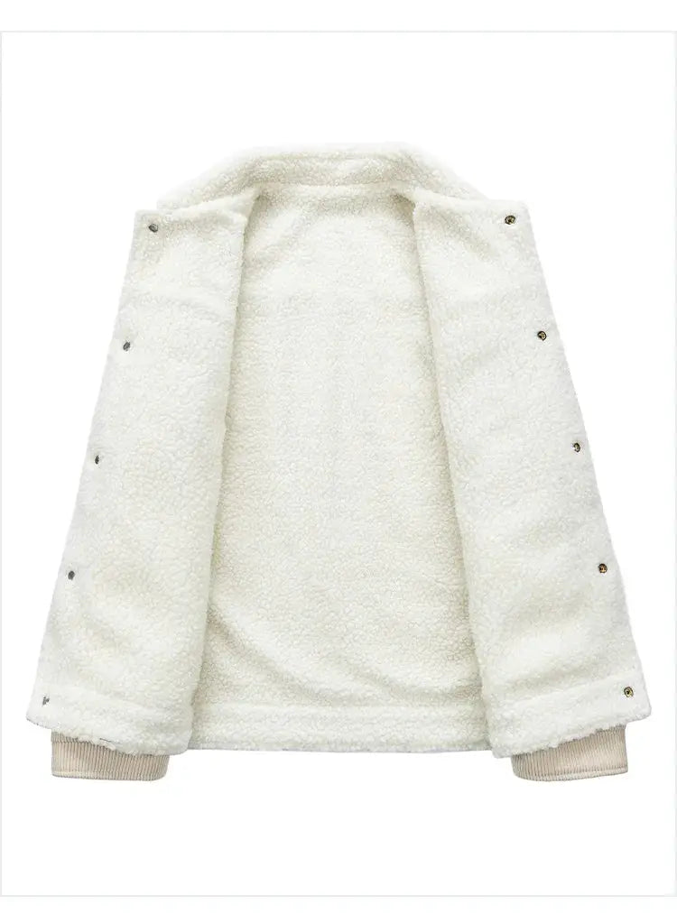 Men's white sherpa fleece jacket, plush teddy texture with cream ribbed cuffs