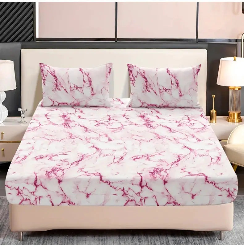Simples Market 3-piece marble print fitted sheet set in pink marble pattern; ultra-soft microfiber, hypoallergenic.