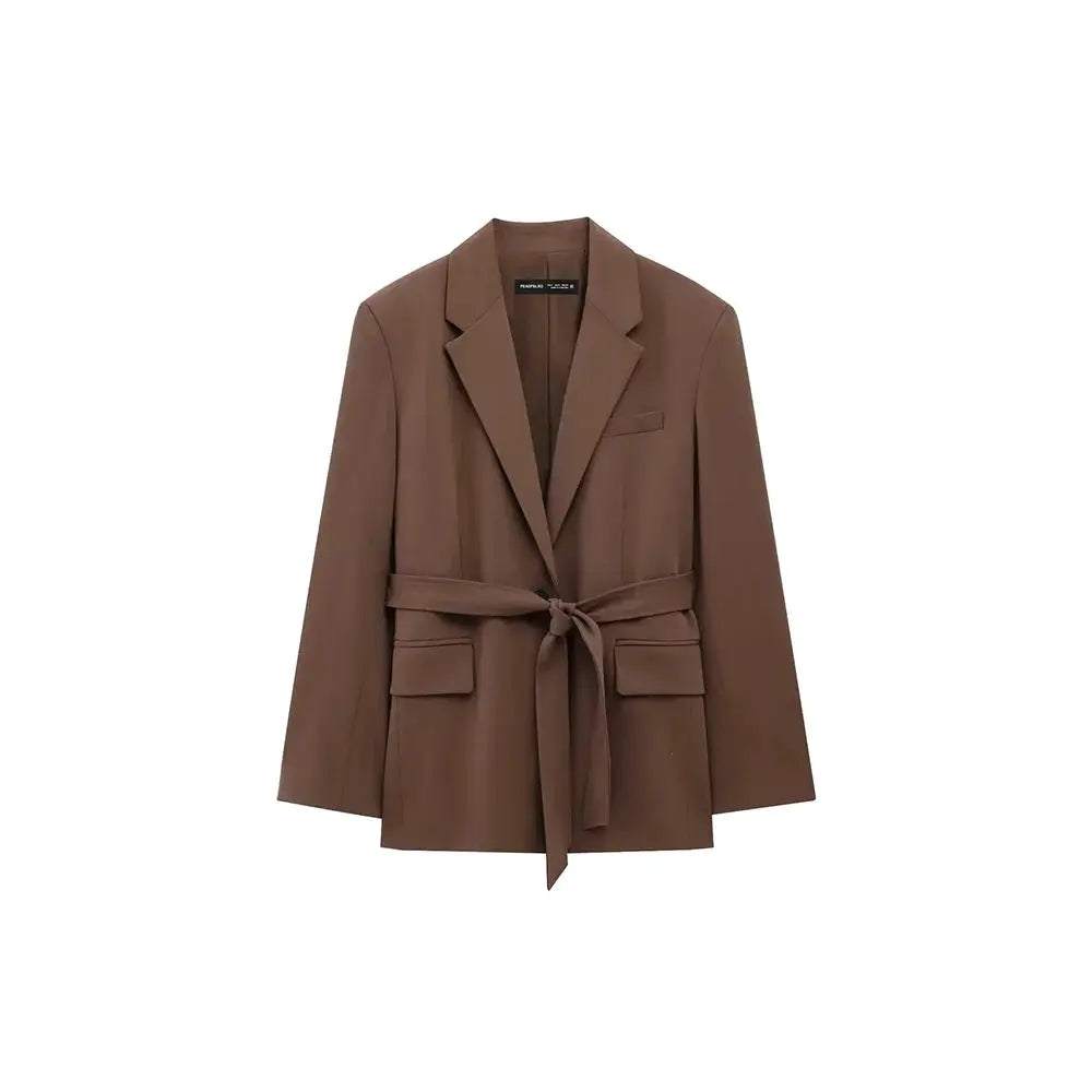 KONDALA brown blazer with waist belt, notched lapels and flap pockets, Simples Market