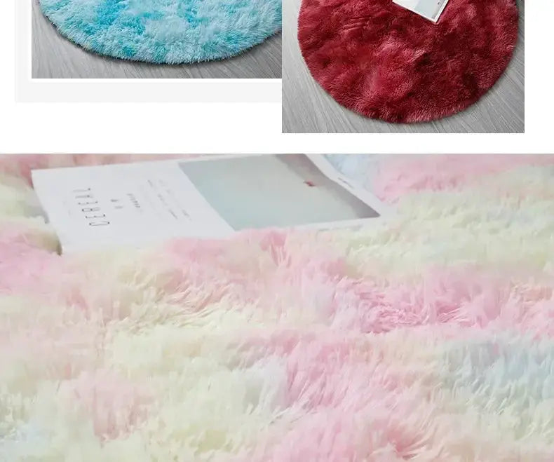 Round plush rug mats by Simples Market; set of 3 in blue, red and pastel rainbow with thick fluffy pile