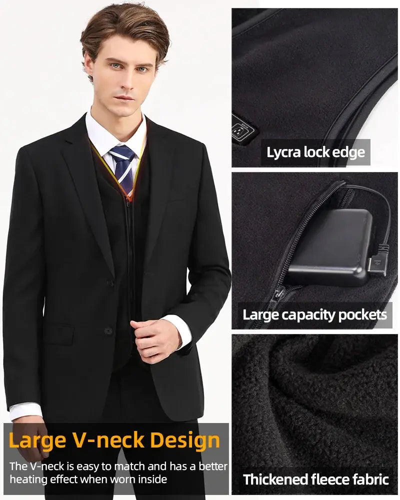 Simples Market heated fleece vest with large V-neck, black fabric, USB power pocket and large pockets
