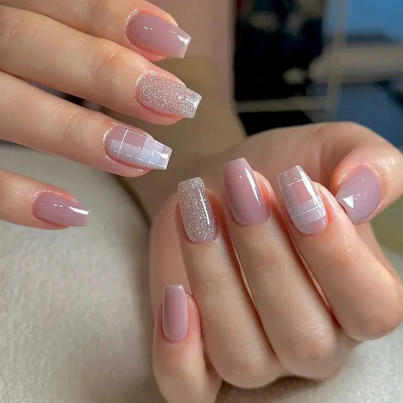 GlamNail Pro 24Pcs Short Square Coffin Press On Nails Set With Glue French Glitter Ballet Style