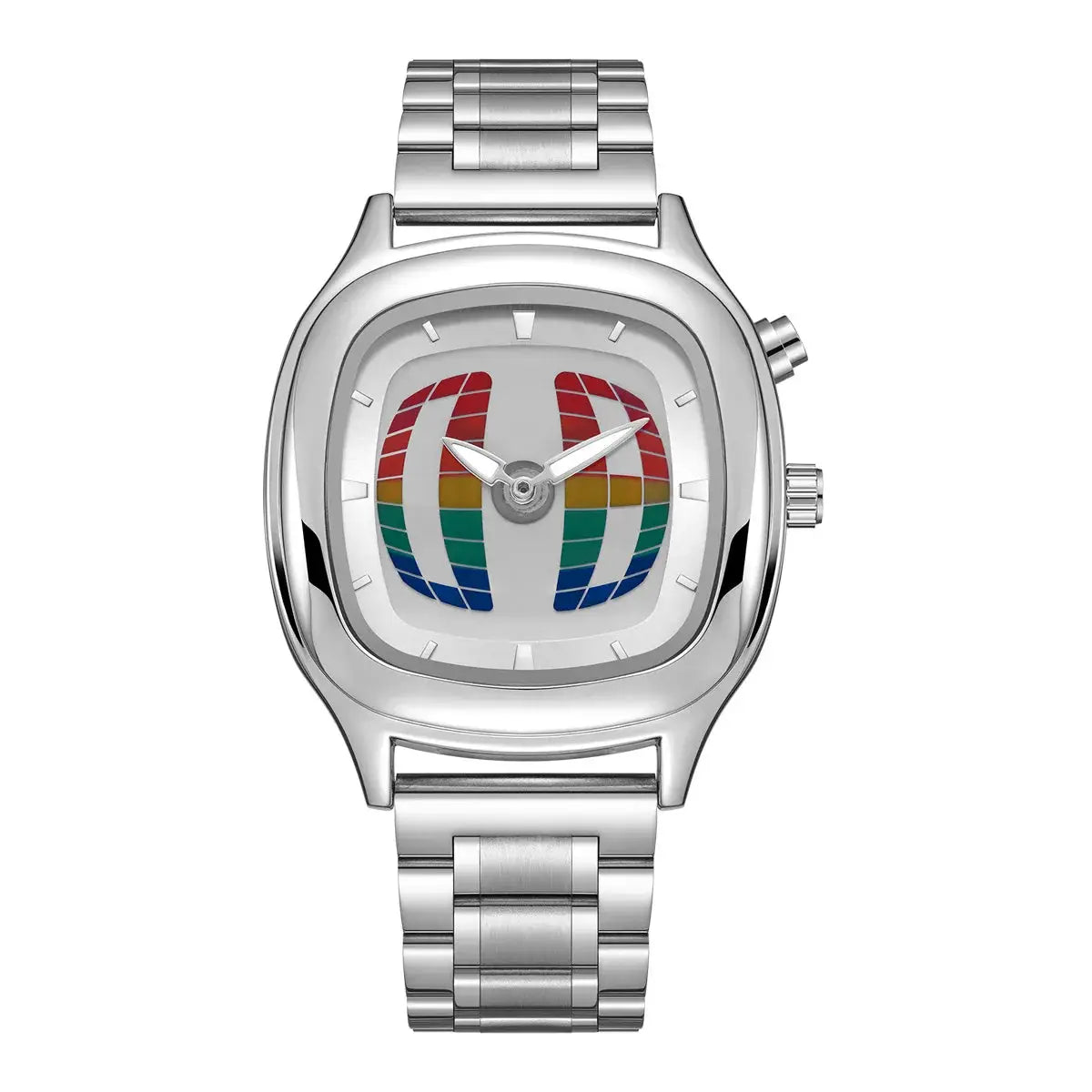 Men's stainless steel dual-display watch with colorful rainbow grid dial, waterproof quartz movement.