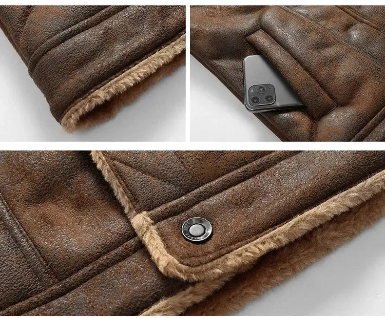 Simples Market men's brown leather fur-lined jacket with fleece trim and snap-button closure.
