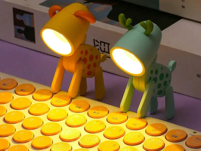 Mini LED night lights, folding desk lamps in yellow dog and mint green deer shapes for kids' bedside decor