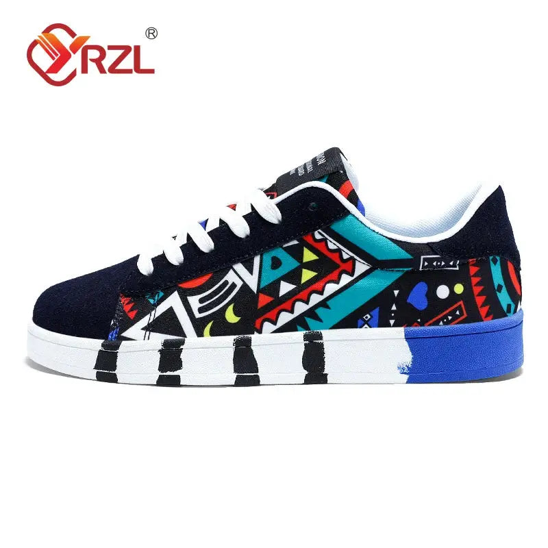 YRZL Men Canvas Sports Running Shoes Geometric Graffiti Print Lace Up Sneakers For Couples