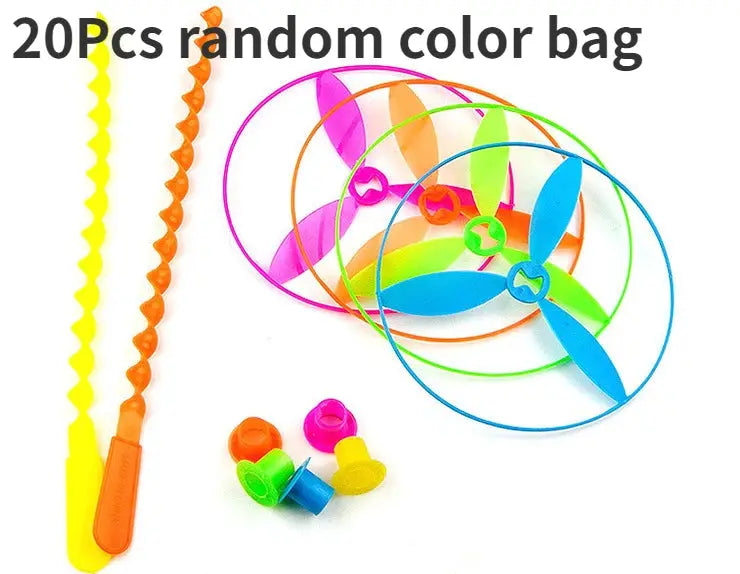 Twenty Piece Colorful Bamboo Dragonfly Plastic Hand Push Flying Toys For Kids Party Favors And School Goodie Bags