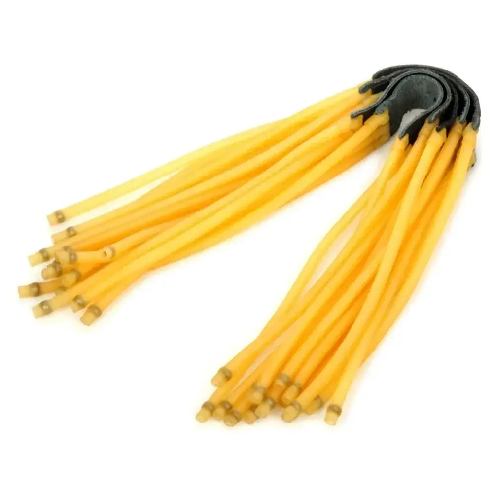 Slingshot elastic rubber bands bundle, yellow cords with black loop ends for outdoor hunting and camping.