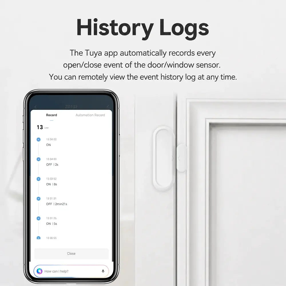 Door/window magnetic sensor by Simples Market, white IP65 waterproof device on a door frame with Tuya WiFi history logs