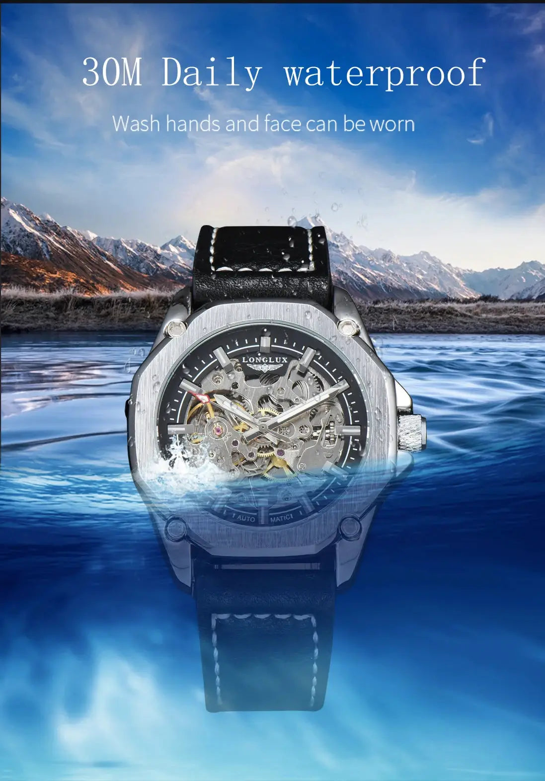 Men's skeleton automatic watch by LongLux with black leather strap and stainless steel case, waterproof.