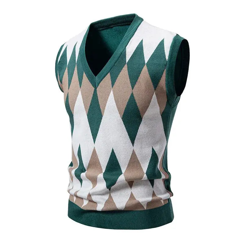 Men's argyle knit sleeveless vest with V-neck; green, white and beige diamonds.