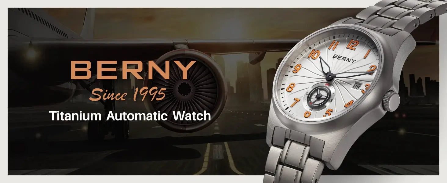 BERNY titanium automatic men's watch with silver bracelet, white dial and orange numerals.