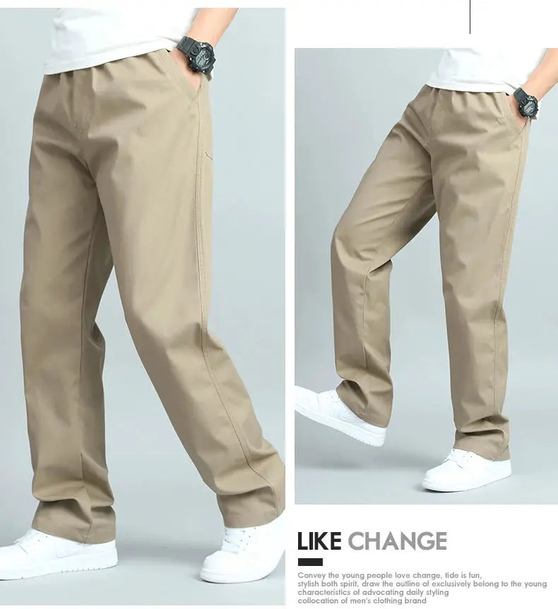 Big size men's casual cotton trousers, beige, loose straight fit with multiple pockets