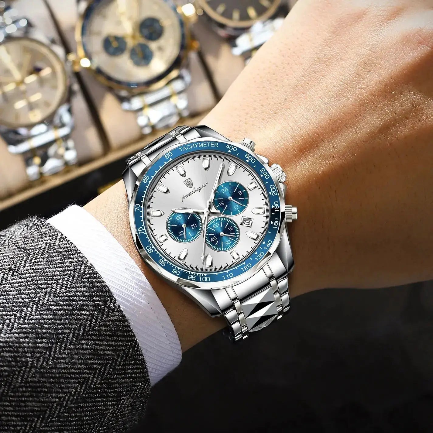 POEDAGAR luxury men's stainless steel watch with blue tachymeter bezel, white dial, blue subdials, chronograph, date