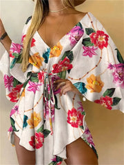 Women Boho Floral Print V Neck Bat Sleeve Ruffle Sundress Beach
