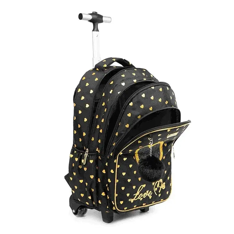 Simples Market children's wheeled backpack with lunch box, black with gold heart pattern and rolling wheels
