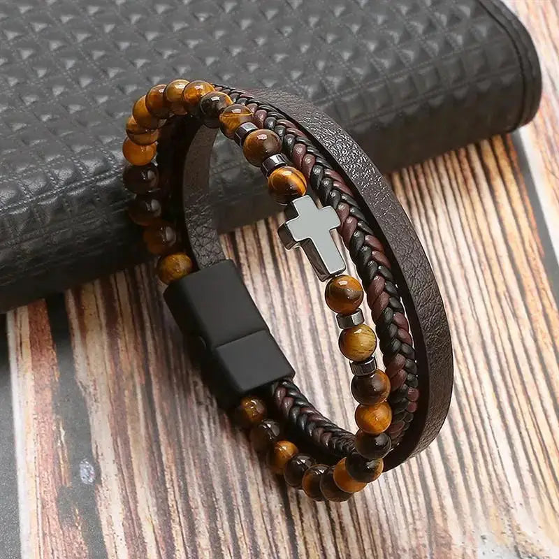 Classic Mens Leather Bracelet Hand Woven Multi Layer Style Fashion Jewelry For Men Durable Casual Accessory