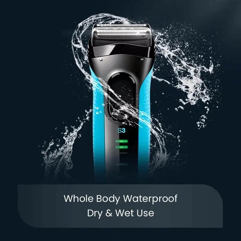 Braun 3 Series ProSkin electric shaver with teal blue body, waterproof for dry and wet use.