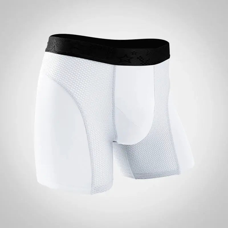 Men's extra-long boxer briefs, white fabric with black waistband, breathable anti-wear training underwear, size large