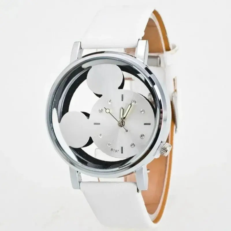 Kids' cartoon-style wristwatch with white band and silver case; dial features a playful silhouette and crystal markers