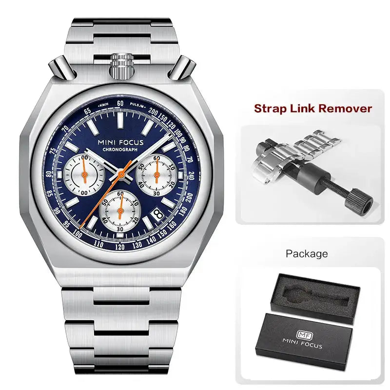 MINI FOCUS chronograph wristwatch with blue dial and stainless steel strap; includes 1 strap link remover and packaging