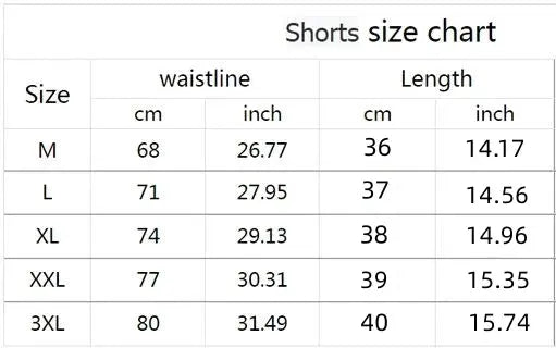 Summer Men Sports Shorts by Simples Market size chart with waist and length measurements for M-3XL.