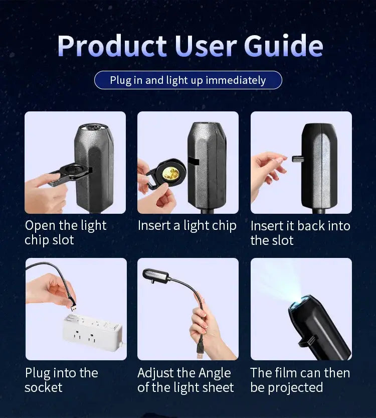 Simples Market Halloween USB skull night light projector with 360-degree rotating patterns; six-step setup guide panels shown.