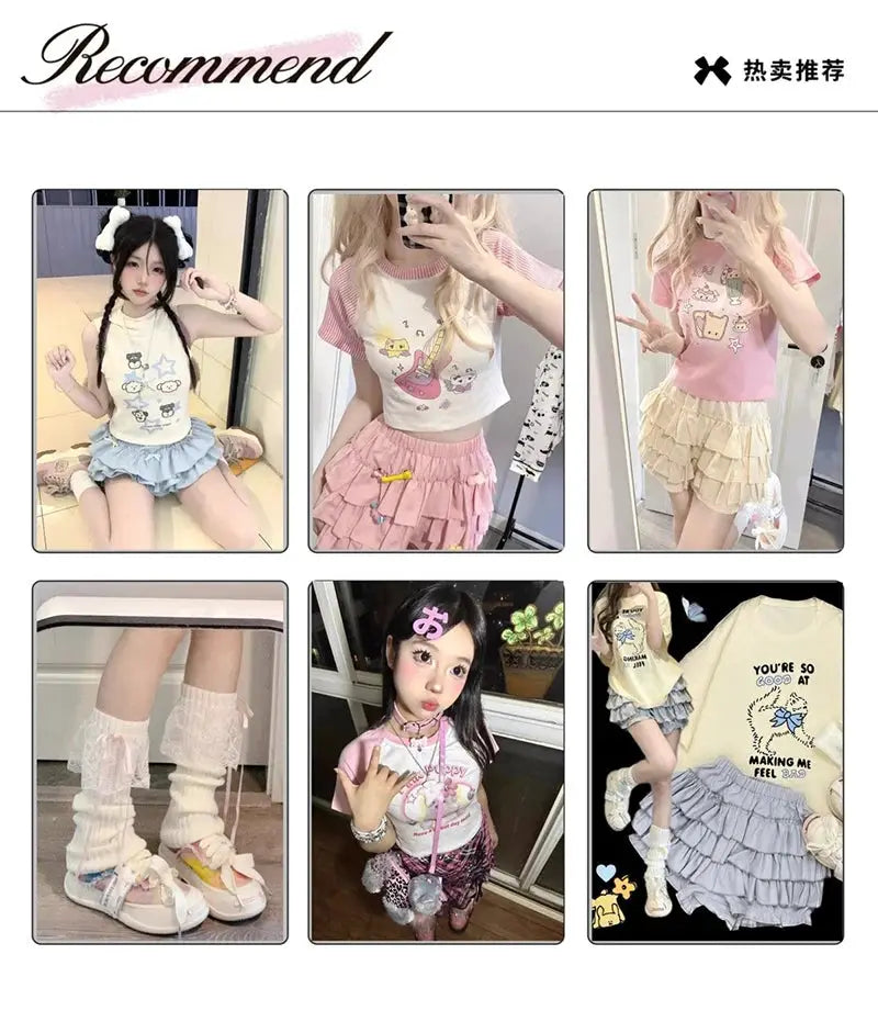 Six pastel MEXZT Y2K sweet ruffle mini skirts with matching kawaii tops in pink, white, blue by Simples Market