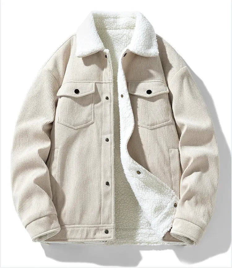 Men's beige corduroy jacket with white sherpa lining, two chest pockets and button-front closure