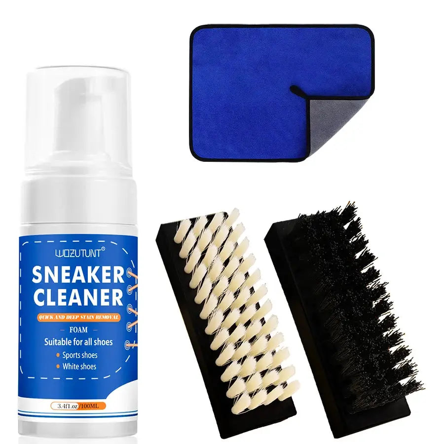 Simples Market Sneaker Cleaner kit with 100ml white foam bottle, blue microfiber mat and brushes