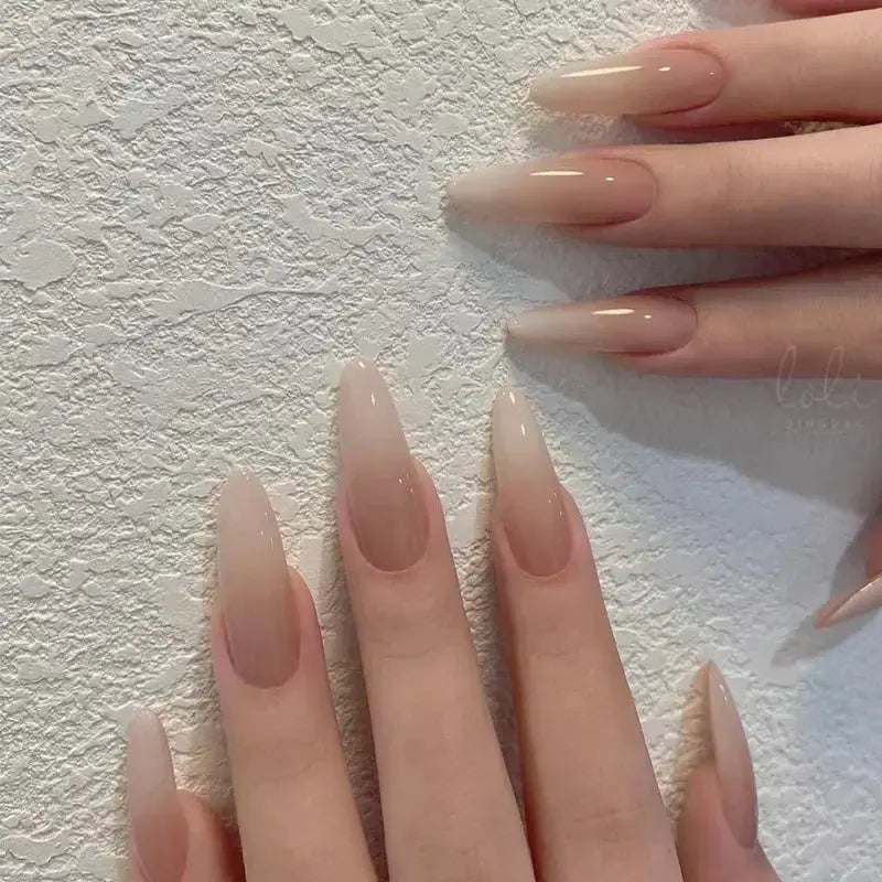 Glamora French Almond False Nails 24 Piece Press On Stiletto Tips With White Edge Design Glue Included For Wearable Glam