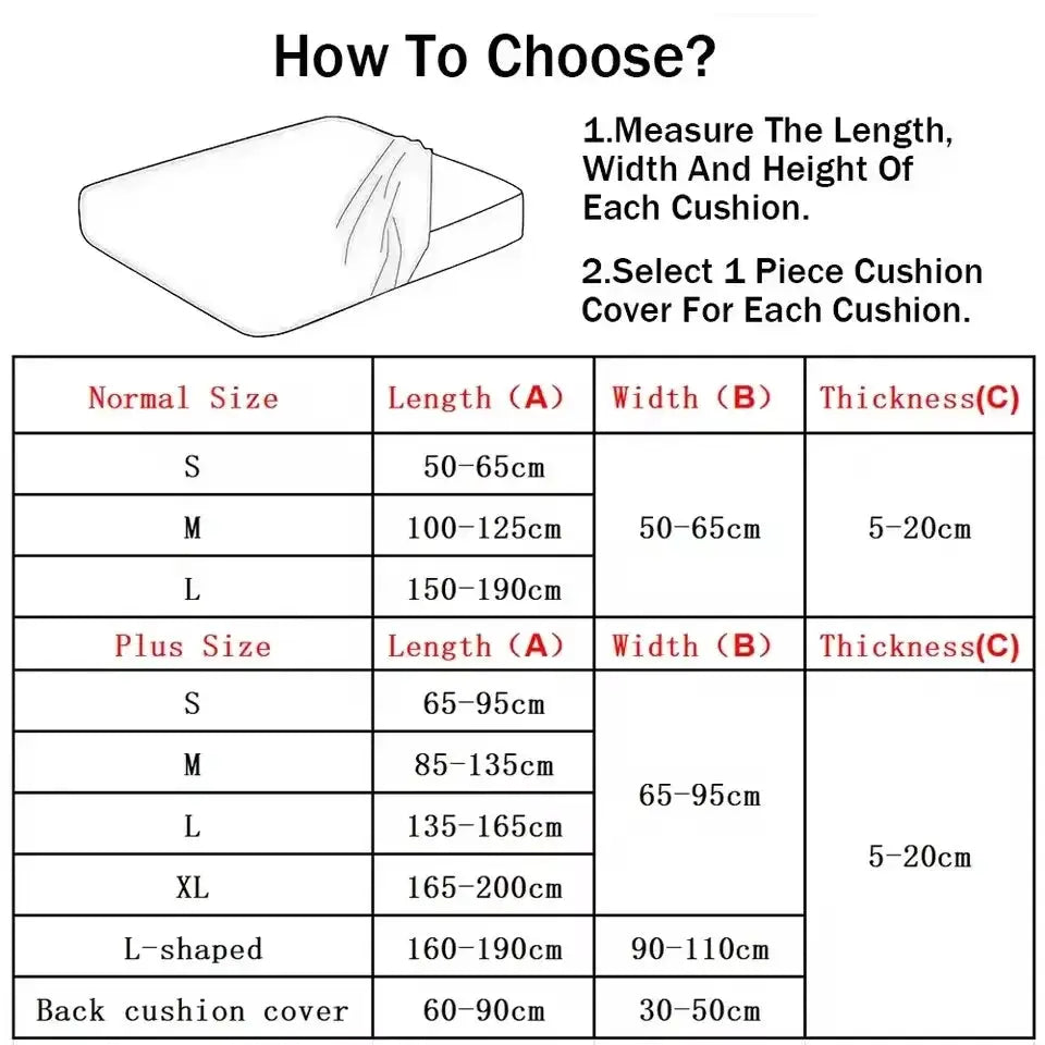 Velvet sofa cushion cover size chart for normal and plus sizes with length, width and thickness measurements.