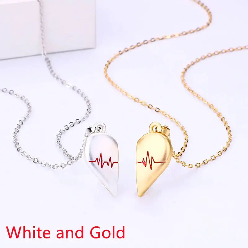 Couple Magnetic Heart Pendant Necklace Electrocardiogram Design Interlocking Hearts Valentines Gift