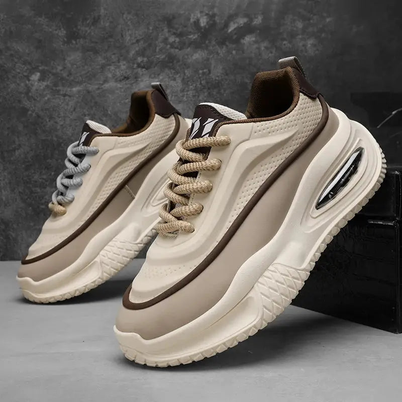 Pair of Simples Market men's casual sports shoes with thick beige-brown upper and chunky white sole