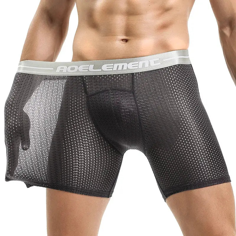 AOELEMENT men's mesh boxer briefs in black ice-silk fabric; anti-wear athletic underwear, large size