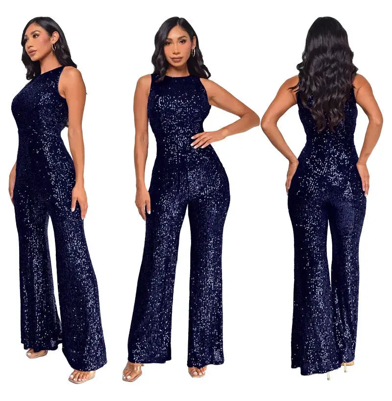 Simples Market navy sequined jumpsuit for women, sleeveless high-waist, wide-leg three-view presentation