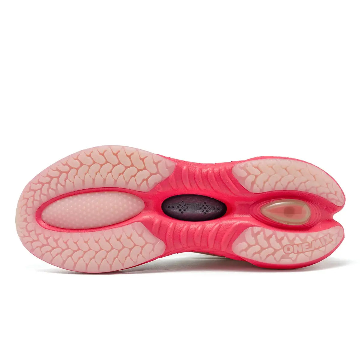 ONEMIX breathable mesh sports shoes with pink outsole, textured tread, and visible heel air unit