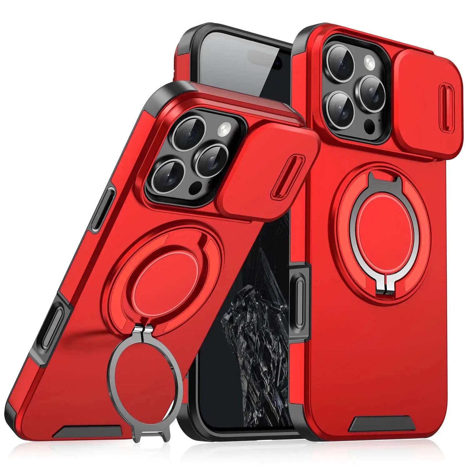 Heavy-duty rugged magnetic stand case for iPhone by Simples Market in red with ring kickstand and camera protection