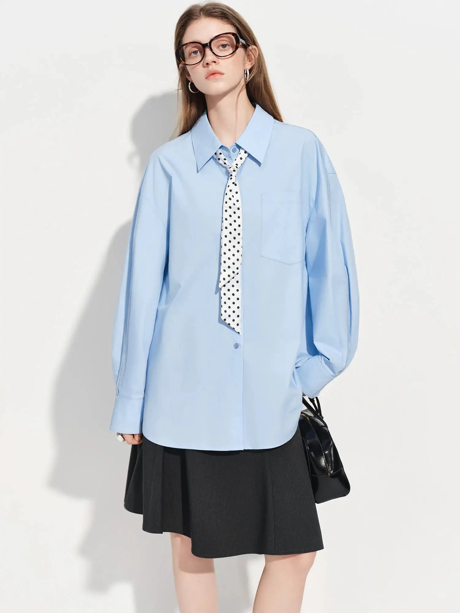 FSLE Premium Series women's light-blue cotton shirt, oversized long-sleeve with white polka-dot tie