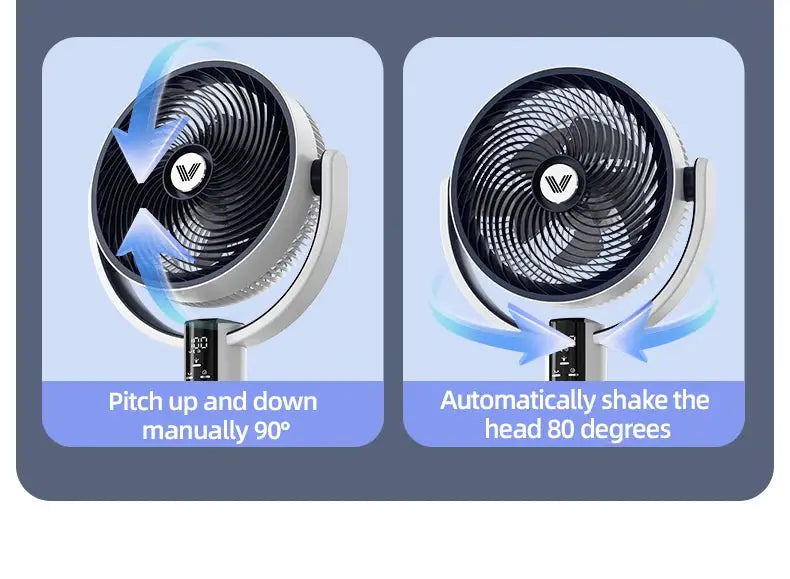 Floor fan by Simples Market; rechargeable, remote, white frame, black blades