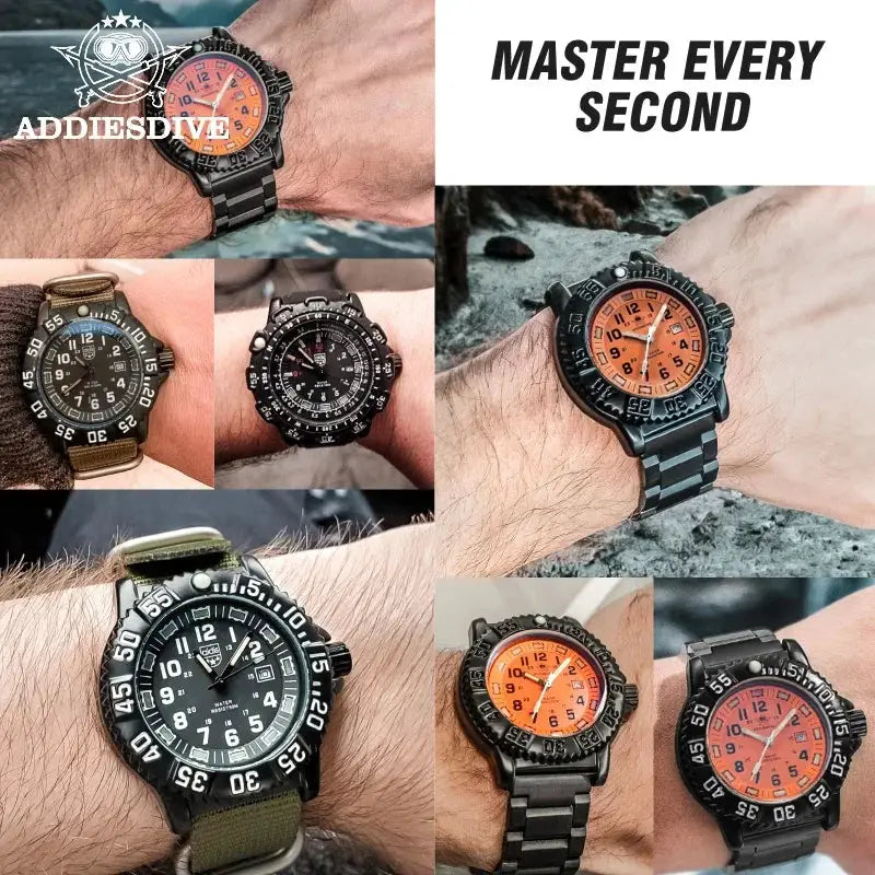 ADDIESDIVE luxury men's quartz watches collage (7 watches); orange dials, mixed straps, 50m water resistant