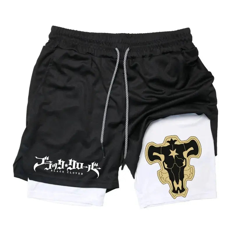 2-in-1 running shorts with black outer and white inner lining; drawstring waist and Black Clover logo on left leg.