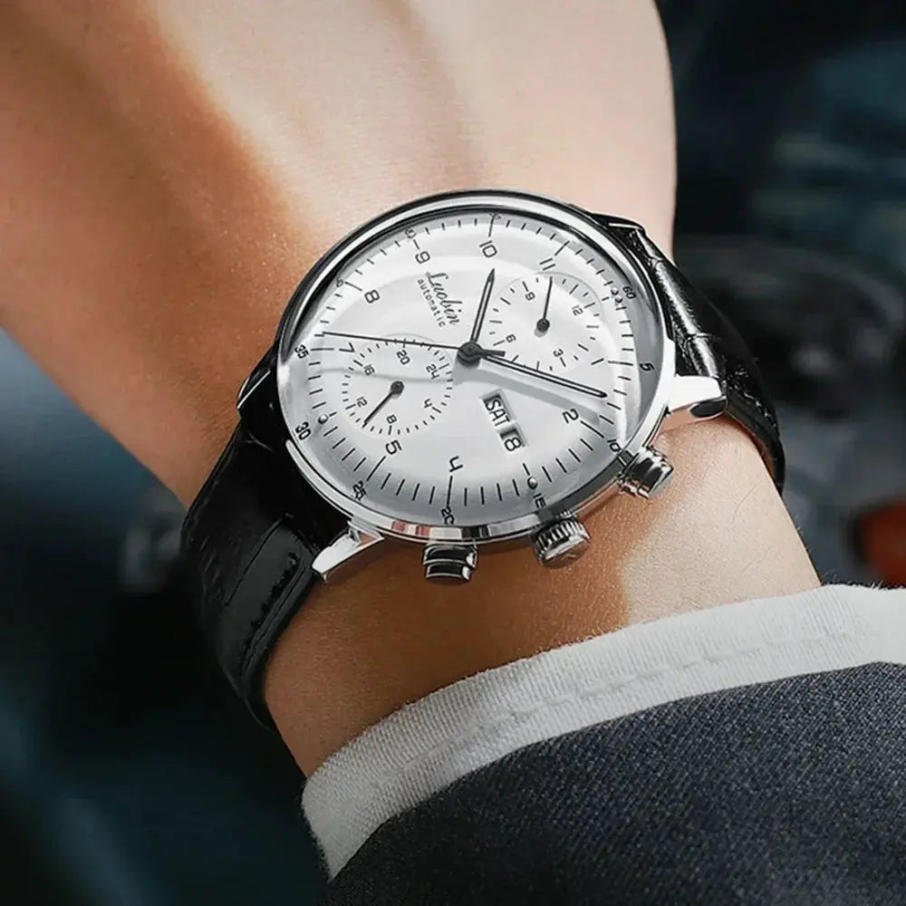 Men's automatic wristwatch with stainless steel case, white dial, black leather strap and chronograph