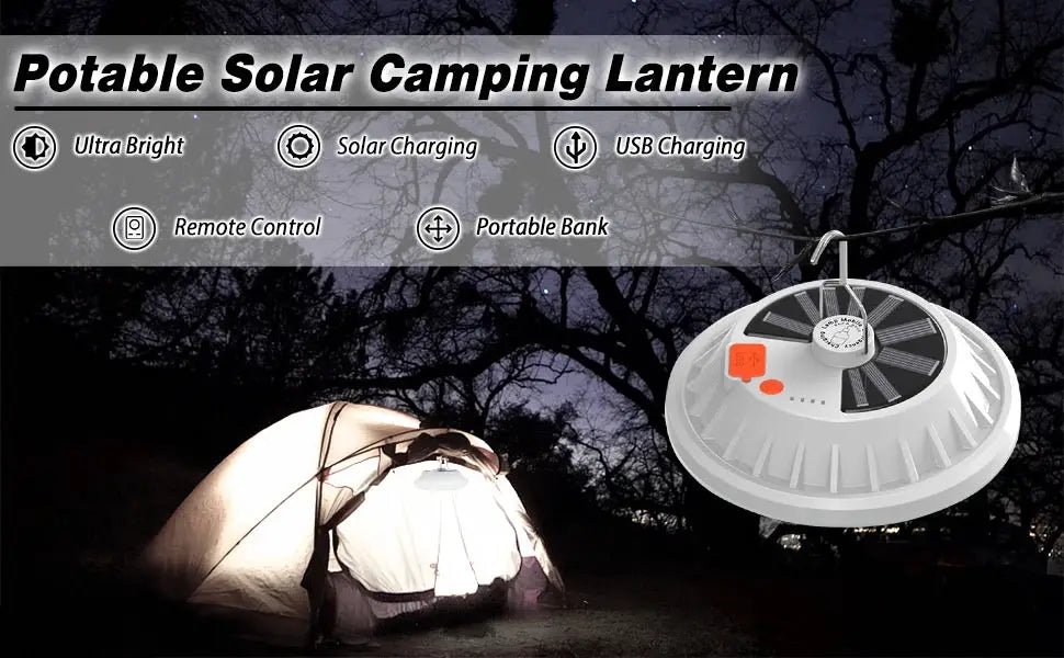 Simples Market outdoor LED leaf camping lantern; round white solar USB-rechargeable tent light with hanging hook.