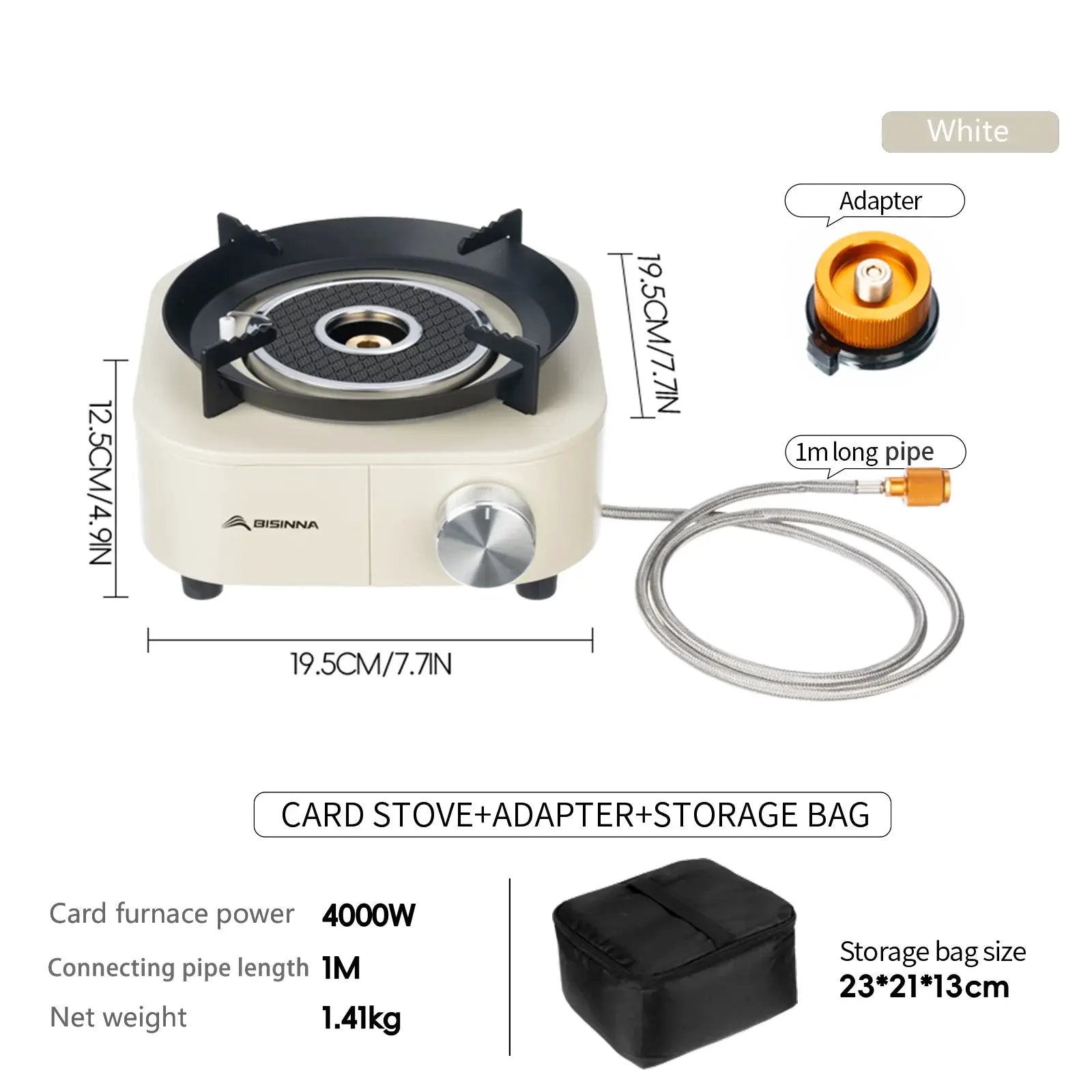 BISINNA 4000W portable infrared stove with adapter and 1m hose; white, Simples Market, storage bag.