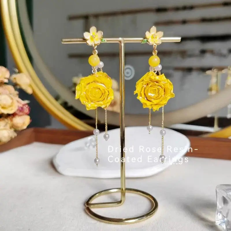 Yellow real-rose epoxy resin long drop earrings with dangling beads