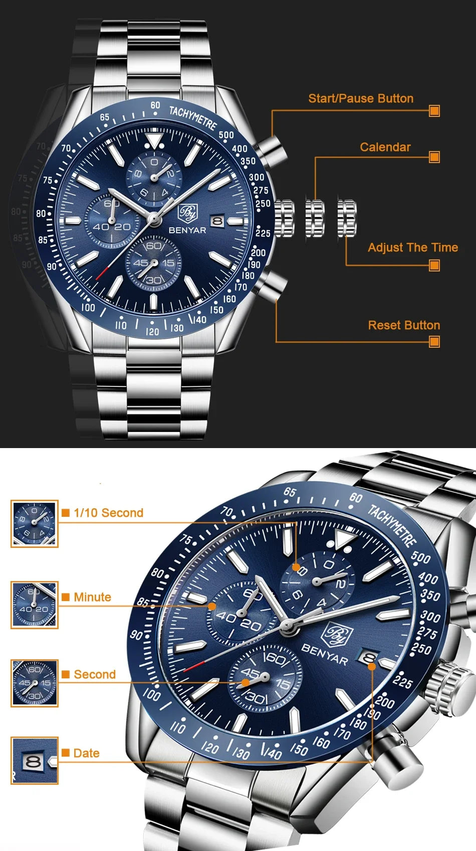 Men's BENYAR luxury stainless steel chronograph watch with blue dial, tachymeter bezel, and date display